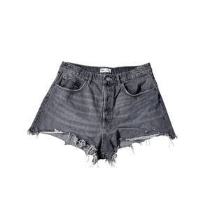 Zara Womens 14 Black Gray High Rise Distressed Denim Cutoff Shorts Button Fly